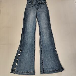 Jealous Tomato Flare Jeans Small Tie Waist Bell Bottom Denim Snap Leg Boho